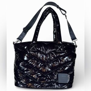 Love & Sports Glossy Black Quilted Gym Tote with Detachable Strap